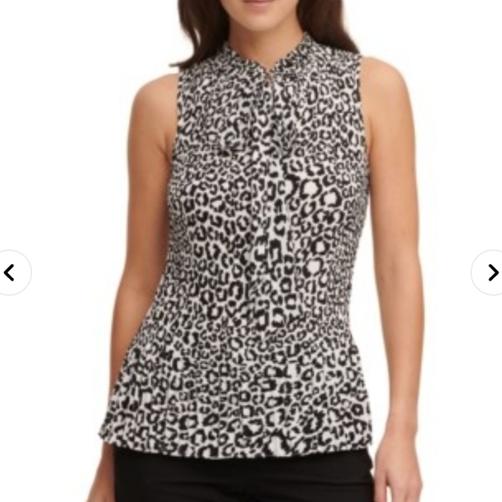 DKNY pleated snow lepord print ruffle neck tie sleeveless top‎